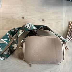 Faux Leather Crossbody Bag with Tassel and Patterned Strap - Beige